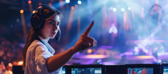 Event manager or show planner woman pointing finger and wearing headset earphones with microphone, pointing finger, live concert show in background with copy space - obrazy, fototapety, plakaty