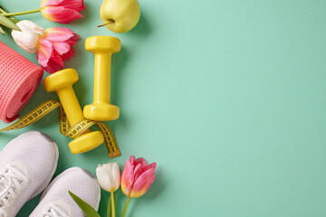 Renew, refresh, revitalize: Spring fitness workouts for everyone. Top view shot of measuring tape, yoga mat, trendy sneakers, yellow dumbbells, apple, tulips on turquoise background with promo zone