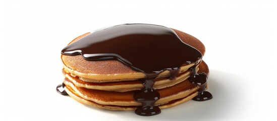A single chocolate syrup-covered pancake on a white background.