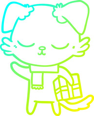 cold gradient line drawing cute cartoon dog with christmas present