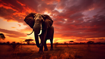 Elephant Silhouette Against Spectacular Sunset - A Stunning Confluence of Nature's Grandeur and Artistic Interpretation