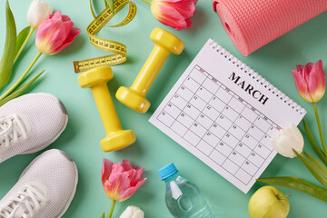 Blossom into wellness: A springtime exercise agenda. Top view photo of calendar, apple, sneakers,...