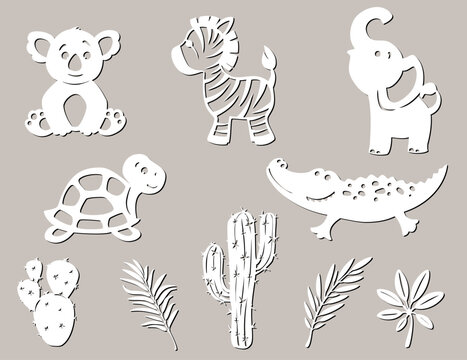 Set of tropical animals, plants, clouds and the sun. For laser plotter cutting, for baby decor