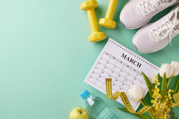 Spring fitness blueprint: Crafting your seasonal workout plan. Top view photo of calendar, apple, sneakers, water bottle, sport equipment, flowers on turquoise background with promo zone