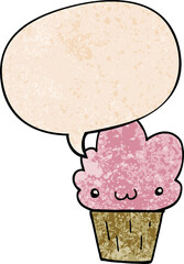 cartoon cupcake and face and speech bubble in retro texture style