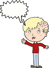 cartoon boy with growth on head with speech bubble