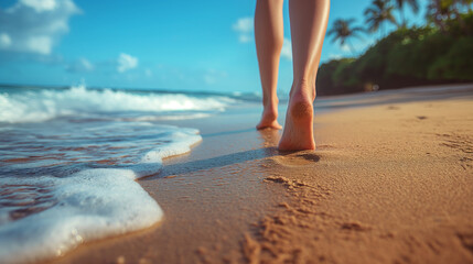 Beach travel - woman walking on sand beach leaving footprints in the sand. Closeup detail of female feet and golden sand on Kaanapali beach, Maui, Hawaii, USA.
