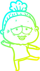 cold gradient line drawing cartoon happy old lady