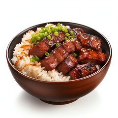 a char siu ricebowl, studio light , isolated on white background
