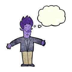 cartoon happy vampire with thought bubble