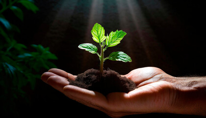 A small green plant grows on the palm of the hand with faint radial light. World Nature Day. Concept of priceless value of wild nature.