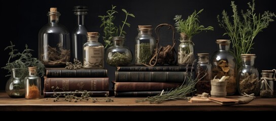 Fototapeta na wymiar herbs in bottles and books