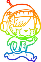 rainbow gradient line drawing cartoon crying astronaut girl running