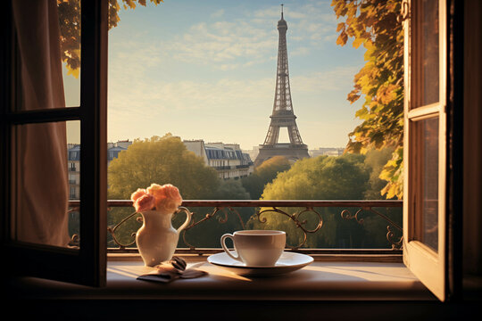 Hot coffee on window sill and Paris landscape. Dawn time.