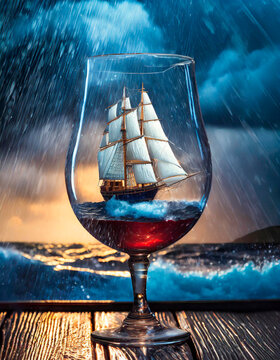 Artistic image of a sailing ship inside a glass of wine during a storm with raging waves and black clouds on the horizon. Fantasy composition.