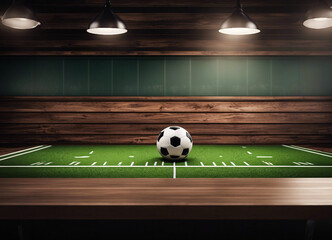 wooden table empty with a bokeh background of a stadium. Mockup template for product display. AI generation