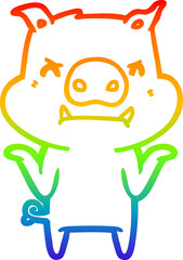 rainbow gradient line drawing angry cartoon pig shrugging shoulders