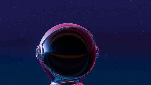 3D astronaut helmet with a holographic interpretation, featuring a sun reflection and diverse colors in a captivating animation.