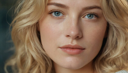Young Blonde Woman with Subtle Freckles and Wavy Hair, Looking Away with Parted Lips - Elegant Headshot in Soft Light