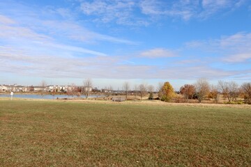 The lake in the countryside on a sunny fall day.