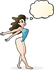 cartoon sexy woman in swimsuit with thought bubble