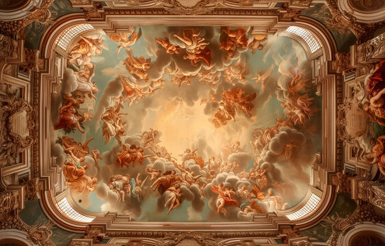Ceiling painting in Royal Chateau. ceiling fresco in cathedral. baroque art. 