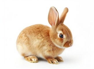 Obraz premium Close-up of a cute brown rabbit with large ears and bright eyes on a white background.