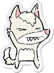 distressed sticker of a angry wolf cartoon