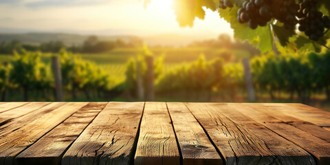 Empty wood table top with on blurred vineyard - obrazy, fototapety, plakaty