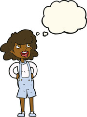 cartoon woman in dungarees with thought bubble