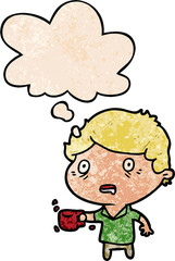 cartoon man with cup of coffee and thought bubble in grunge texture pattern style