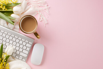 Workplace celebration: cultivating feminine vibes on Women's Day. Top view shot of keyboard, scarf, coffee, computer mouse, flowers on pastel pink background with space for festive message