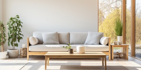 Brightly lit living room with gray couch, wood table, and large window.