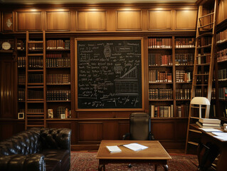 wood-paneled library of an economist, with a vintage chalkboard showing hand-drawn graphs and calculations of interest rates