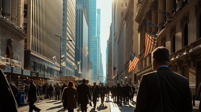 Wall Street scene with traders and investors in sharp business attire, skyscrapers towering in the background, sunlight reflecting off gleaming windows