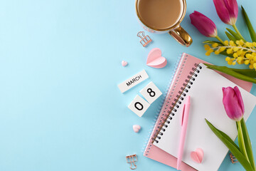Radiant Women's Day revelry: a symphony of strength and elegance. Top view photo of notepads, hearts, scarf, cube calendar, coffee, pen, flowers on pastel blue background with space for greetings