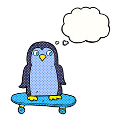 thought bubble cartoon penguin riding skateboard