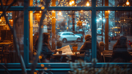 cozy coffee shop scene with a group of people engaged in a heated discussion over a newspaper article about interest rates, visible through a large window with reflections of city lights