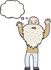 cartoon frightened old man with beard with thought bubble