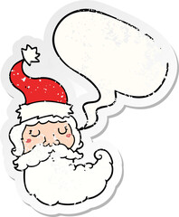 cartoon santa face and speech bubble distressed sticker