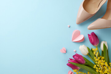 Elegance in empowerment: a toast to Women's Day with style and grace. Top view photo of heels, hearts, tulips, mimosa on pastel blue background with space for festive text