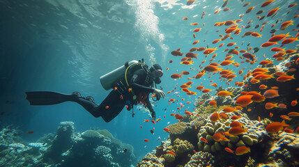 Fototapeta na wymiar deep-sea diver exploring a coral reef, surrounded by a variety of colorful fish, underwater lighting creating a serene and mysterious atmosphere