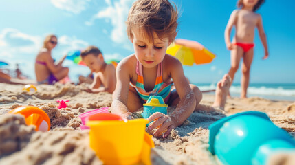 Children playing with colorful beach toys, creating a vibrant and lively scene of family fun during summer