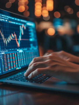 hands typing on a laptop with stock market analysis on screen, background blurred to focus on the action, capturing the intensity of investing