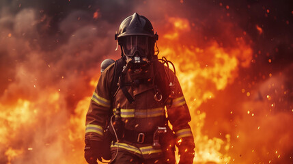 Fototapeta premium firefighter in full gear battling a blazing inferno, vivid flames and smoke surrounding, intense and dramatic lighting, a cityscape in the background at dusk