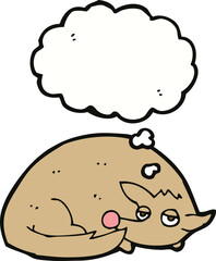 cartoon curled up dog with thought bubble