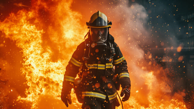 firefighter in full gear battling a blazing inferno, vivid flames and smoke surrounding, intense and dramatic lighting, a cityscape in the background at dusk