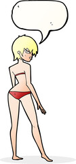 cartoon woman in bikini with speech bubble