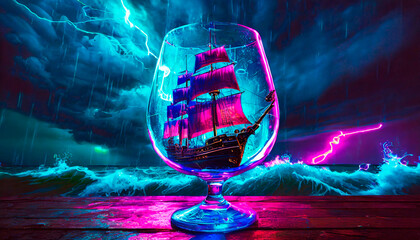 Artistic image of a sailing ship inside a glass of wine during a storm with raging waves and black clouds on the horizon. Fantasy composition with neon lights and cyberpunk effect.