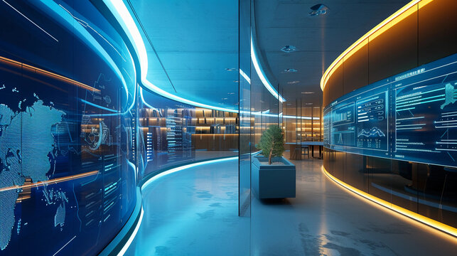 futuristic investment firm lobby, interactive digital displays, sleek minimalist design, ambient lighting creating a sophisticated atmosphere